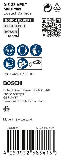 Etykieta Bosch AIZ 32 APLIT MultiMax. Zawiera kod QR, informacje dotyczące bezpieczeństwa i dane producenta. Wyprodukowane w Szwajcarii.