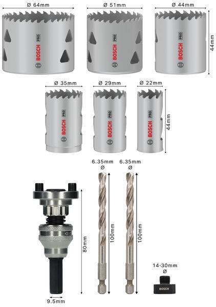 Ilustracja przedstawia zestaw pił otworowych Bosch wraz z akcesoriami. Różne rozmiary: 64 mm, 51 mm, 44 mm, 35 mm, 29 mm, 22 mm. Zestaw zawiera również adapter i wiertło.