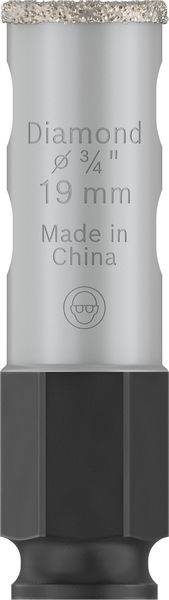Szary uchwyt wiertarski z napisem 'Diamond Ø 3/4" 19 mm, Made in China'.