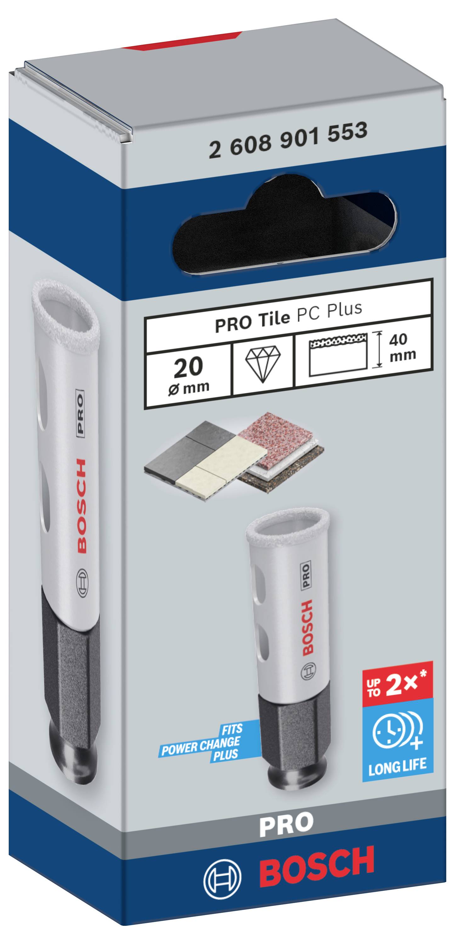 Opakowanie wiertła do płytek Bosch PRO. Prezentuje zdjęcie produktu, średnicę (20 mm), długość użytkową (40 mm) oraz odpowiednie materiały.