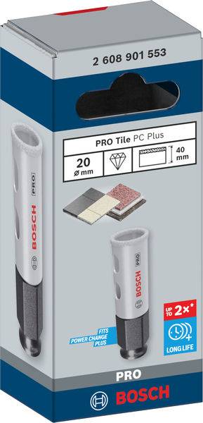 Opakowanie wiertła do płytek Bosch, średnica 20 mm, głębokość 40 mm, z technologią extra wytrzymałości oraz ilustracjami zastosowań.