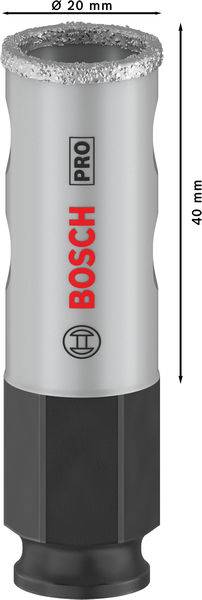 Wiertło z logo "Bosch Pro", głowicą pokrytą szarym diamentem, o średnicy 20 mm i długości 40 mm. Odpowiednie do zastosowań profesjonalnych.