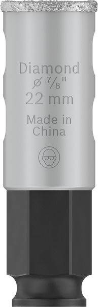 Nasadka wiertnicza z końcówką diamentową, grawerowanie 'Diamond Ø 7/8" 22 mm Made in China'. Szare metale z czarnym zakończeniem.
