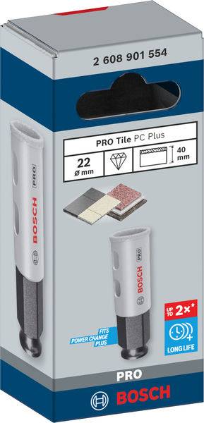 Opakowanie wiertła Bosch Pro Tile PC Plus o średnicy 22 mm, z ilustracją produktu oraz symbolami trwałości i kompatybilności.