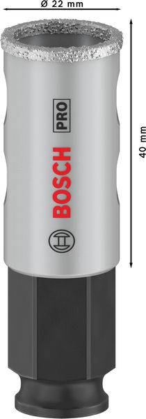 Szary wiertnik marki Bosch z czerwonym logo. Długość 40 mm, średnica 22 mm, odpowiedni do wiercenia w płytkach.