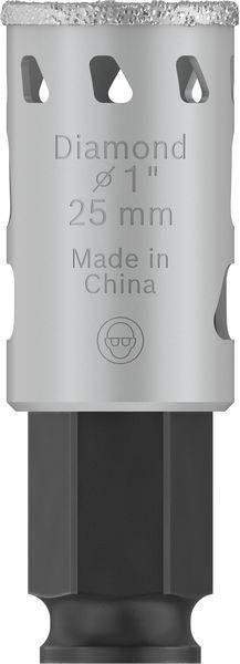 Korona wiertnicza z czubkiem diamentowym, średnica 25 mm, wyprodukowana w Chinach. Produkt do precyzyjnego wiercenia w twardych materiałach.