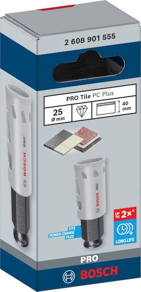 Opakowanie wierteł Bosch do wiercenia w płytkach 'PRO Tile PC Plus', średnica 25 mm, długość robocza 40 mm, podkreślono długą żywotność.