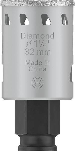 Metalowy uchwyt wiertarski z napisem 'Diamond Ø 1¼" 32 mm Wyprodukowano w Chinach'. Zaprojektowany do precyzyjnego wiercenia.