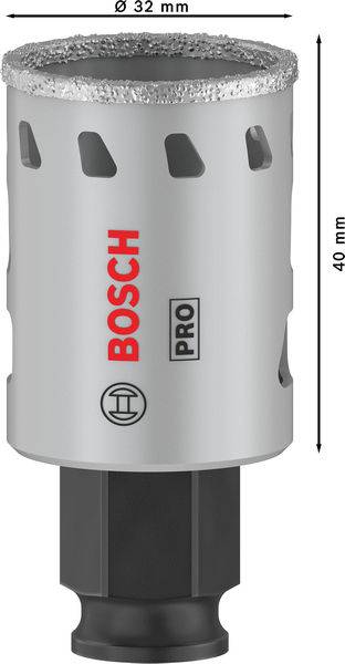 Korona wiertnicza Bosch o średnicy 32 mm i wysokości 40 mm, z szarą obudową i czarnym trzpieniem, przeznaczona do zastosowań profesjonalnych.