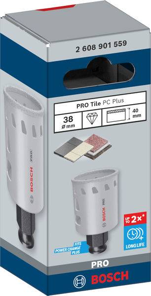 Opakowanie wiertła diamentowego Bosch 'PRO Tile PC Plus', średnica 38 mm, do płytek ceramicznych, maksymalna głębokość wiercenia 40 mm, o długiej żywotności.