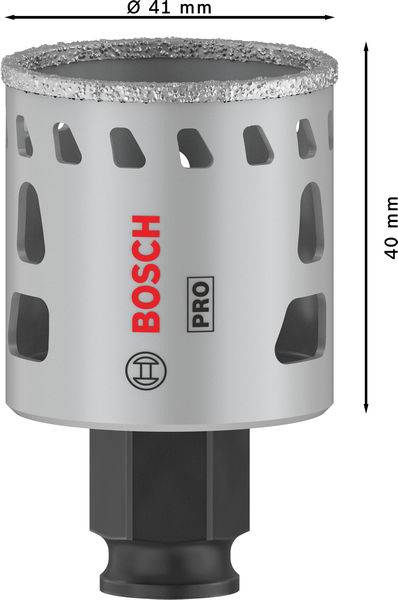 Diamentowa korona wiertnicza Bosch, o średnicy 41 mm, wysokości 40 mm, z szarym metalowym korpusem i czerwonym logo. Idealna do precyzyjnego wiercenia.