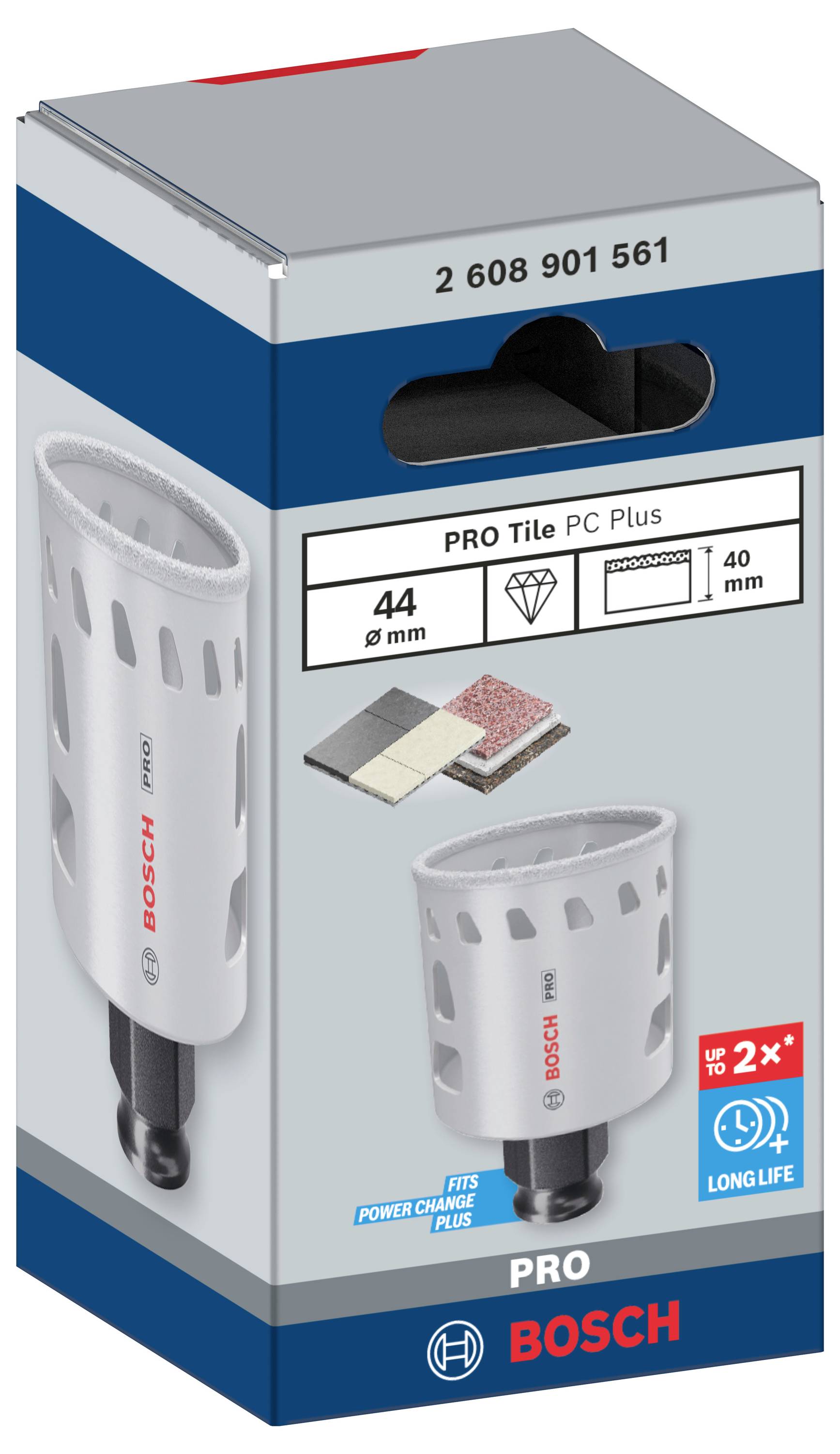 Wiertło koronowe Bosch PRO z technologią diamentową. Odpowiednie do płytek o średnicy 8 mm, o długiej żywotności, ilustracja przedstawia głowicę wiertniczą i szczegóły opakowania.