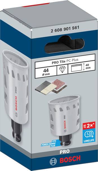 Opakowanie wiertła do płytek Bosch Pro Tile PC Plus, średnica 44 mm. Odpowiednie do płytek, gresu, wytrzymałe.