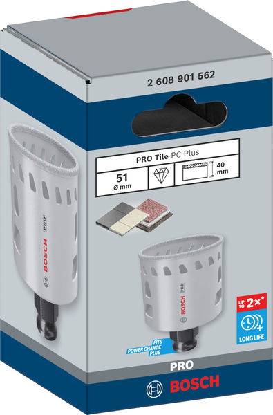 Opakowanie „Bosch PRO Tile PC Plus" korony wiertniczej do płytek, o średnicy 51 mm, długości roboczej 40 mm, przeznaczonej do precyzyjnego wiercenia w płytkach.