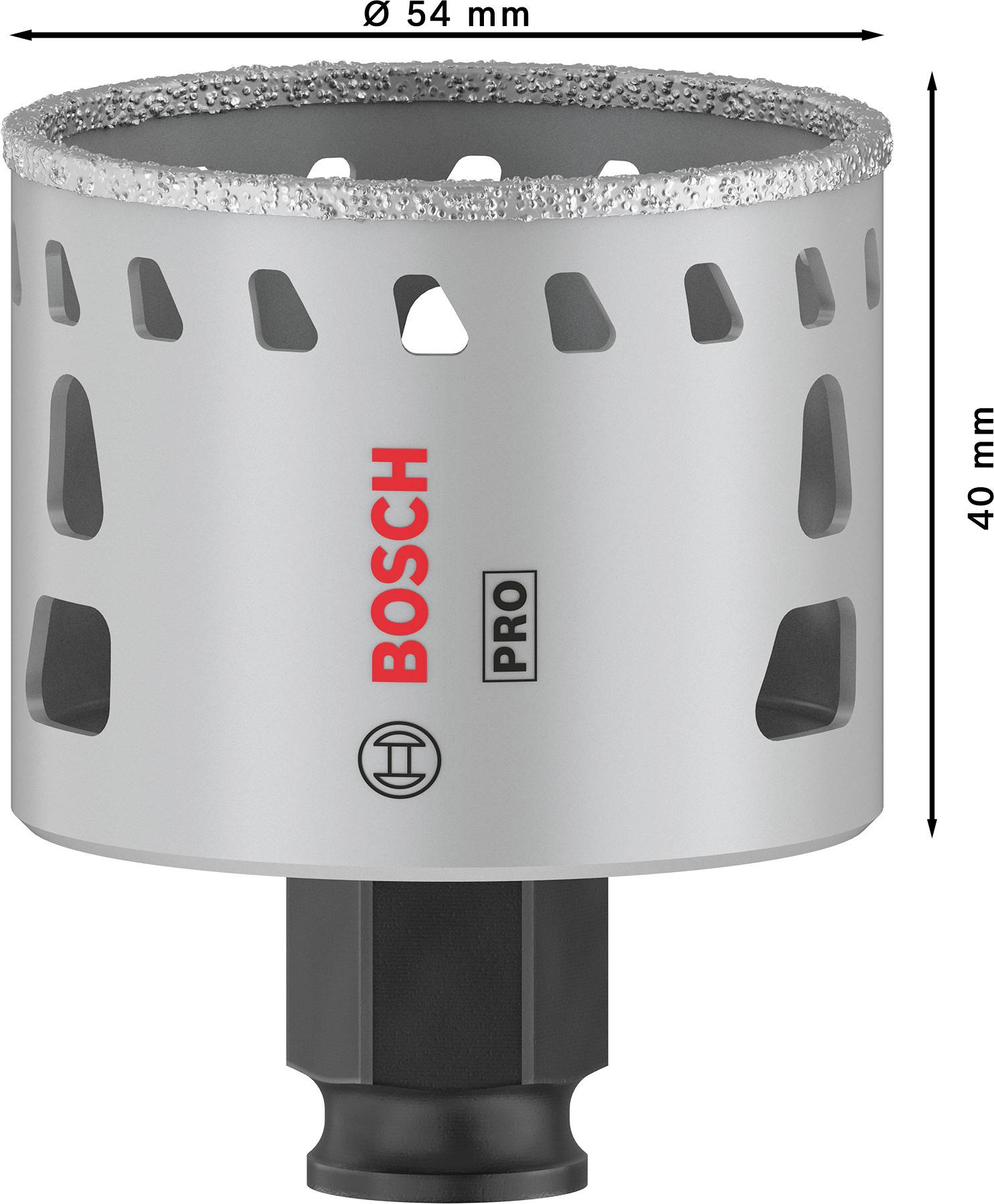 Szara wiertnica diamentowa Bosch z wieńcem diamentowym, średnica 54 mm, wysokość 40 mm, charakterystyczne szczeliny wentylacyjne, czarny trzon.