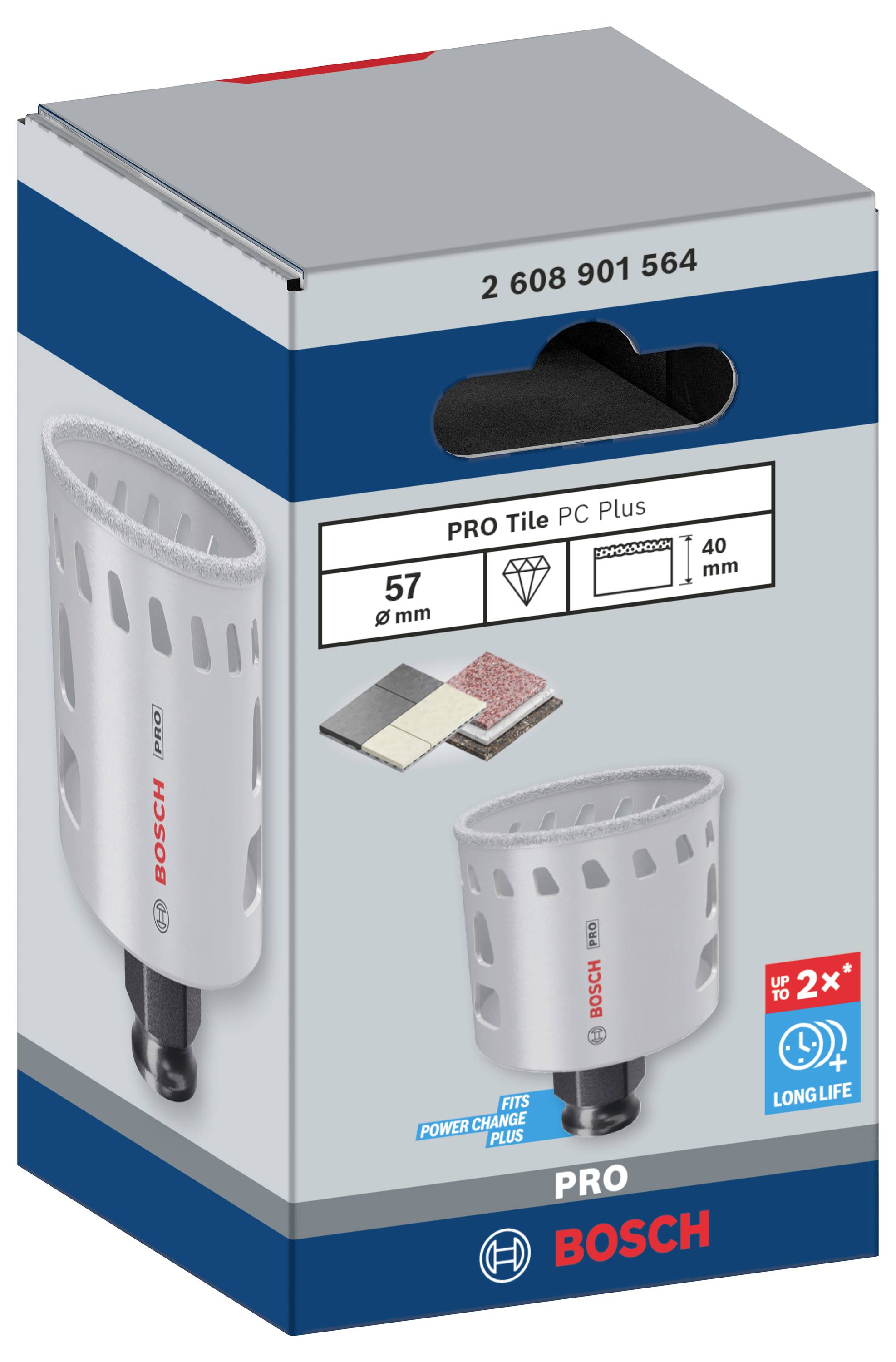 Opakowanie wiertła Bosch PRO Tile PC Plus. Przedstawia wiertło przeznaczone do płytek ceramicznych. Średnica: 57 mm, głębokość wiercenia: 40 mm.