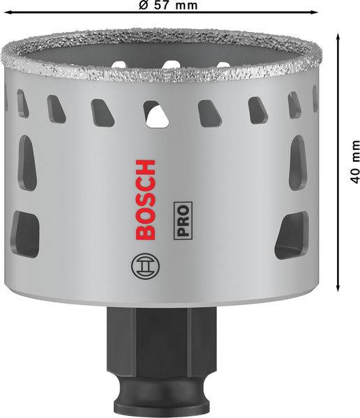 Piła otwornica Bosch Pro o średnicy 57 mm i wysokości 40 mm, w kolorze szarym, z bocznymi otworami i powłoką diamentową na górze.