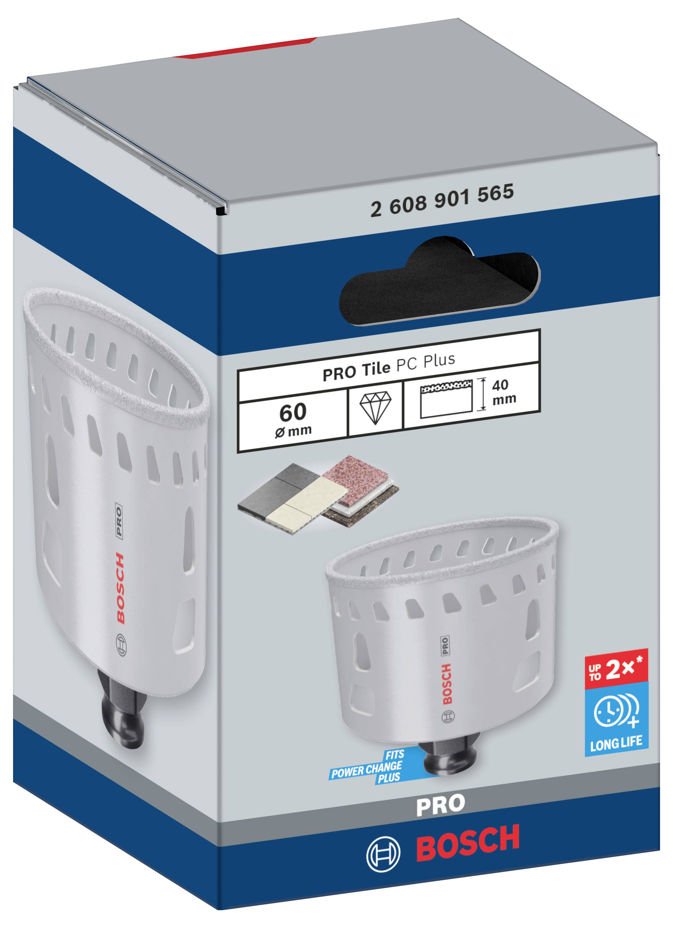 Opakowanie dla korony wiertniczej Bosch PRO Tile PC Plus, o średnicy 60 mm, przeznaczonej do wiercenia w płytkach na głębokość do 40 mm.