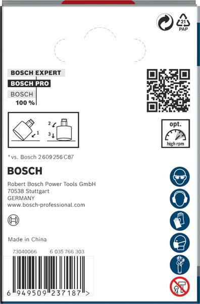 Tył opakowania wiertła Bosch Pro: Opis produktu, kod QR, symbole recyklingu, informacje producenta oraz kod kreskowy.