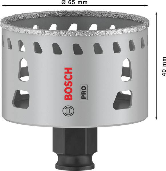 Korona wiertnicza z logo Bosch, Ø 65 mm, wysokość 40 mm, z segmentami diamentowymi, odpowiednia do płytek ceramicznych.
