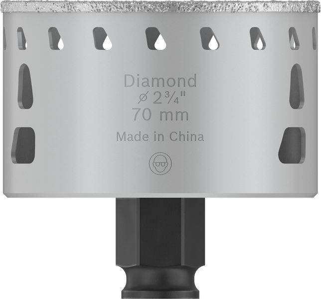 Srebrny adapter do wycinania otworów z obsadzką diamentową, średnica 70 mm, z grawerem 'Diamond' i 'Made in China'.