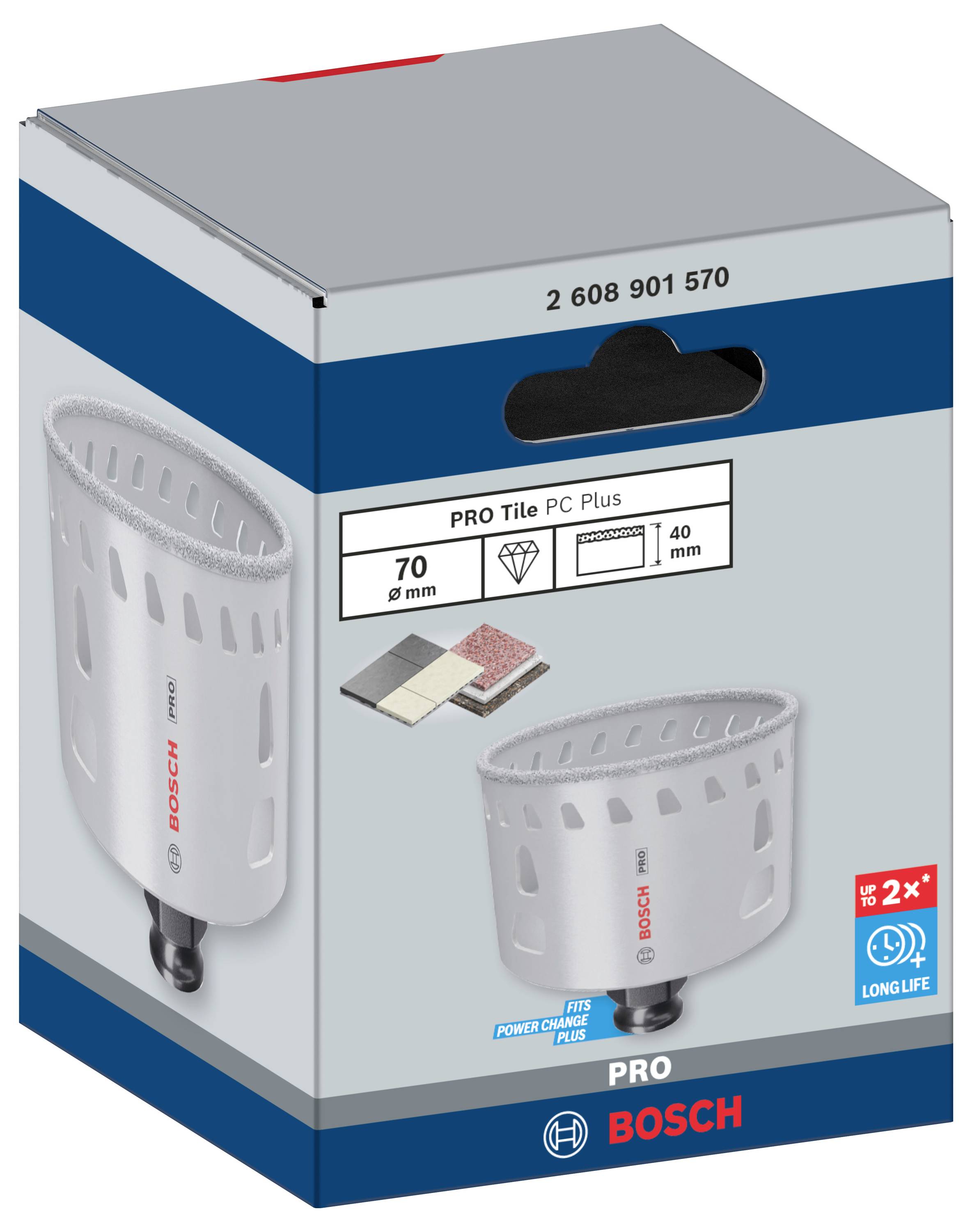 Opakowanie wiertła Bosch PRO Tile PC Plus, przedstawiające zdjęcie produktu i szczegóły techniczne: średnica 70 mm, głębokość wiercenia 40 mm.