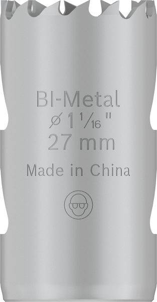 Srebrzysto-szara, dwumetalowa korona wiertnicza z napisem 'Ø1 1/16" 27 mm' oraz 'Made in China'.