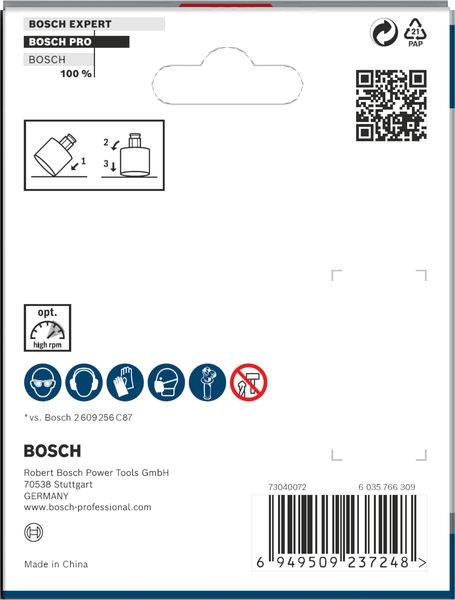 Etykieta 'Bosch Expert' na opakowaniu, wskazująca typ produktu, kod QR, adres producenta oraz kraj pochodzenia 'Made in China'.