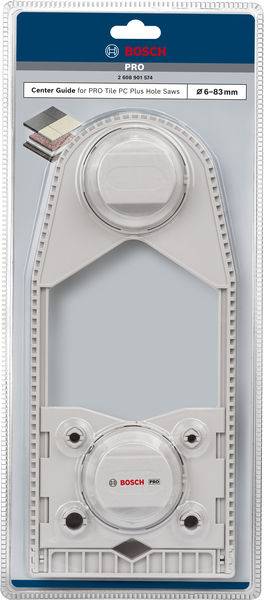 Pomoc montażowa Bosch, opakowana, do pił do cięcia płytek ceramicznych z otworami o średnicy od 6 do 83 mm. Zawiera pierścienie centrujące, kompatybilne z systemem Pro-Tile.