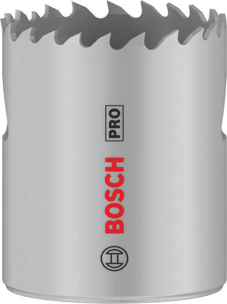 Wiertło metalowe Bosch, srebrne, z napisem 'PRO', z ostrymi zębami. Zaprojektowane do obróbki metali.