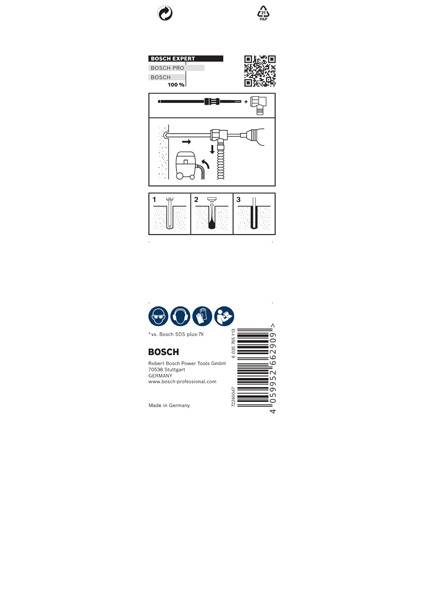 Odwrotna strona opakowania z instrukcjami użycia wiertarki Bosch. Kroki: Wiercenie, wkładanie kołka, wkręcanie wkrętu. Wyprodukowano w Niemczech.