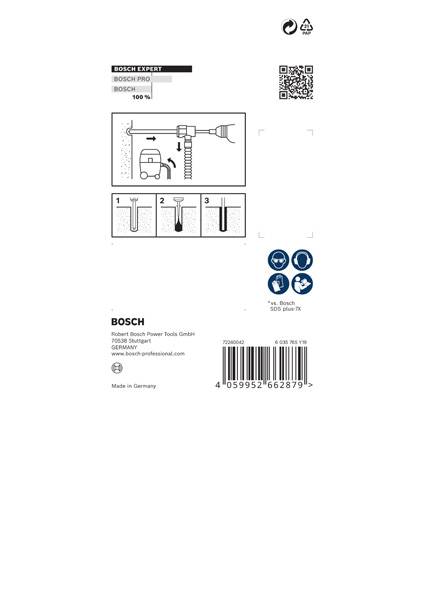 Instrukcja obsługi wiertła: 1. Włożyć wiertło do uchwytu, 2. Wiercić w powierzchni, 3. Unieruchomić. Logo Bosch w lewym górnym rogu.