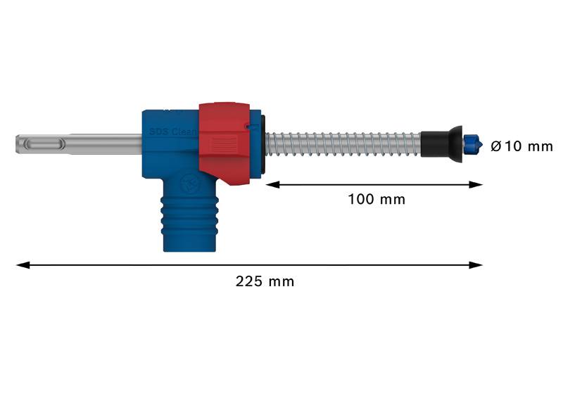 Rysunek przedstawia strzykawkę o następujących wymiarach: całkowita długość 225 mm, długość trzonu 100 mm, średnica 10 mm. Główne kolory to niebieski i czerwony.
