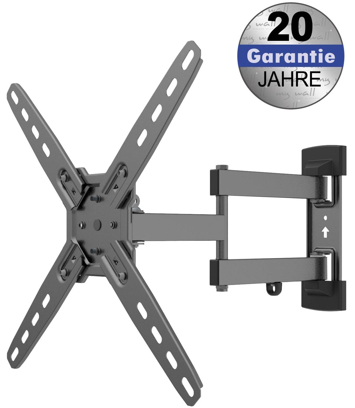 Czarna ścienna podstawa pod telewizor z czterema ramionami i przegubowym ramieniem. W prawym górnym rogu logo z napisem '20 lat gwarancji'.