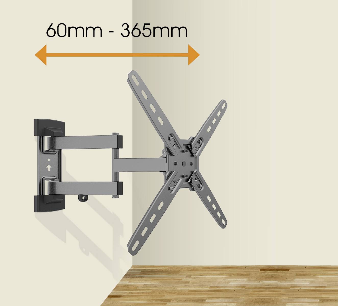 Uchwyt ścienny do telewizora z ruchomym ramieniem, zamontowany na ścianie. Ramię może być wysunięte od 60 mm do 365 mm.