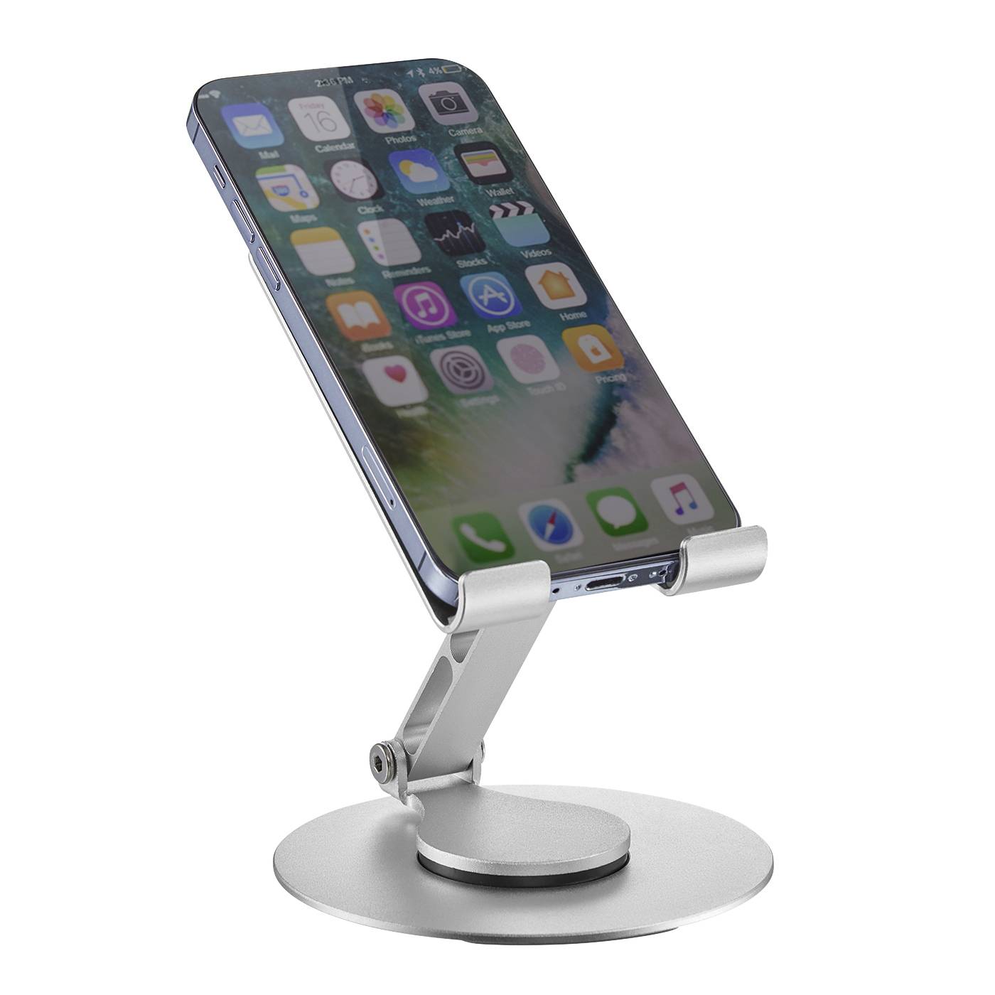 Smartfon w srebrnym uchwycie, ekran wyświetlający ikony aplikacji, umieszczony na okrągłej podstawce.