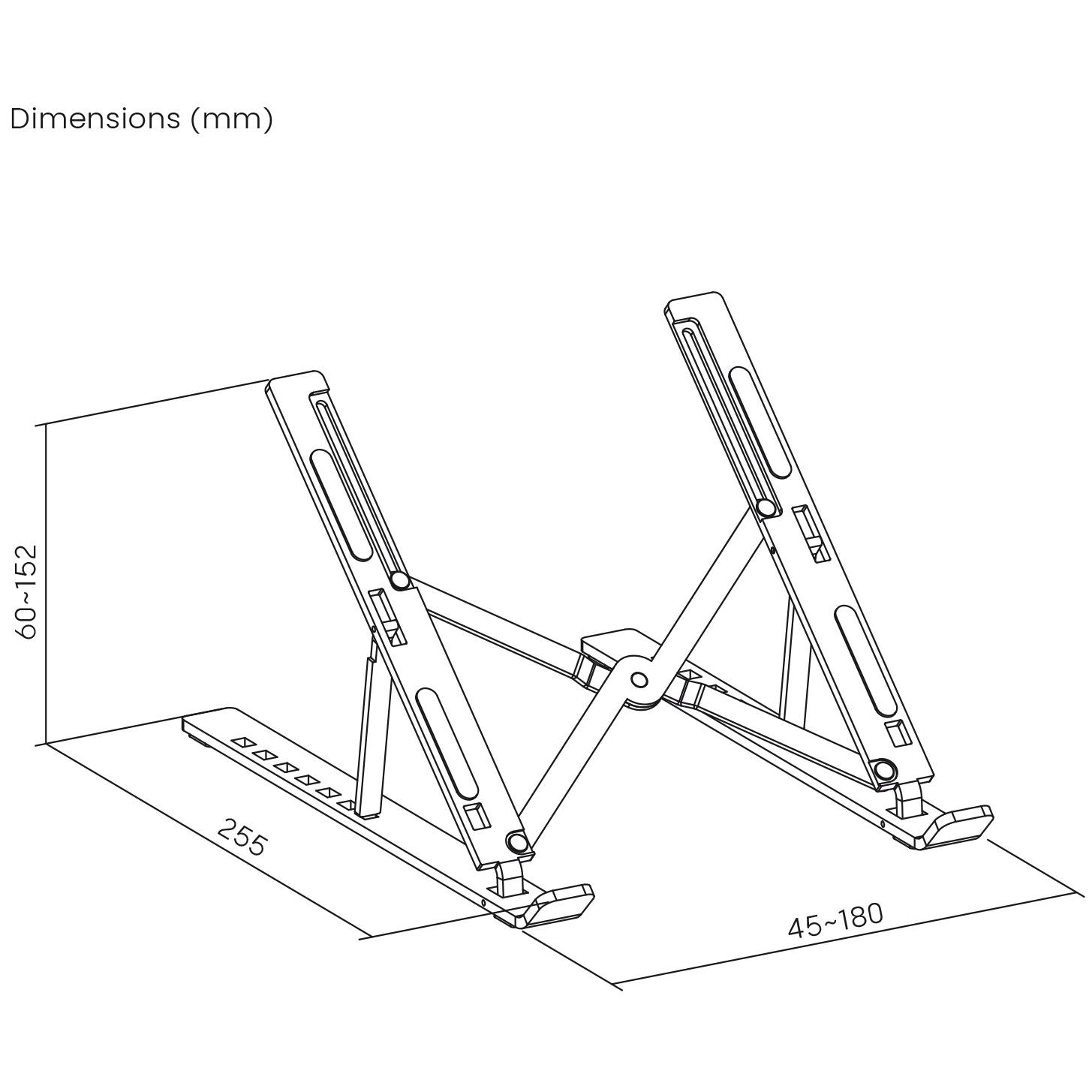 Rysunek składanego stojaka na laptopa. Wymiary: wysokość 60–152 mm, szerokość 45–180 mm, głębokość 255 mm. Widoczne główne elementy składowe i przeguby.