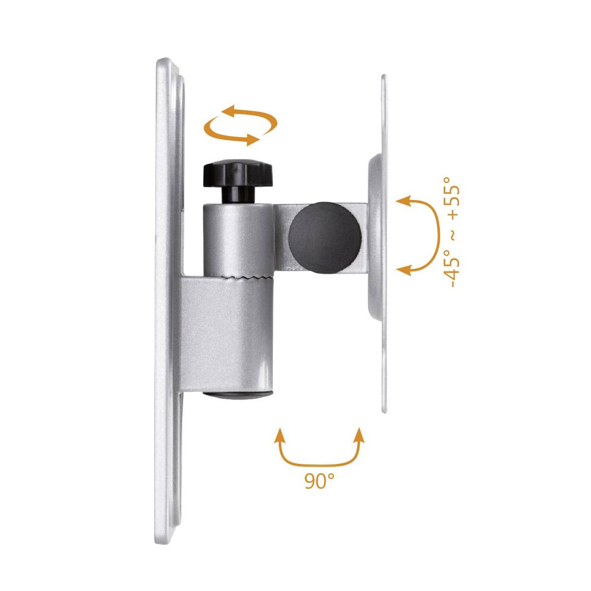 Uchwyt ścienny z regulowanym kątem pochylenia od 45° do 55° w pionie oraz 90° w poziomie. Wyposażony w pokrętło blokujące położenie.