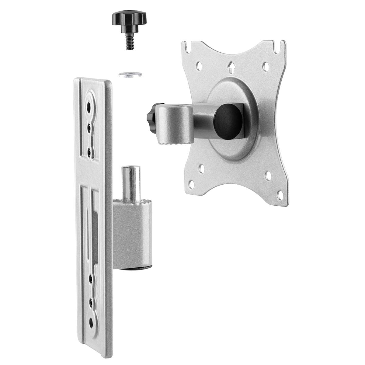 Zestaw do mocowania monitora na ścianie, składający się z srebrnej płyty montażowej, ramienia oraz śrub do instalacji.