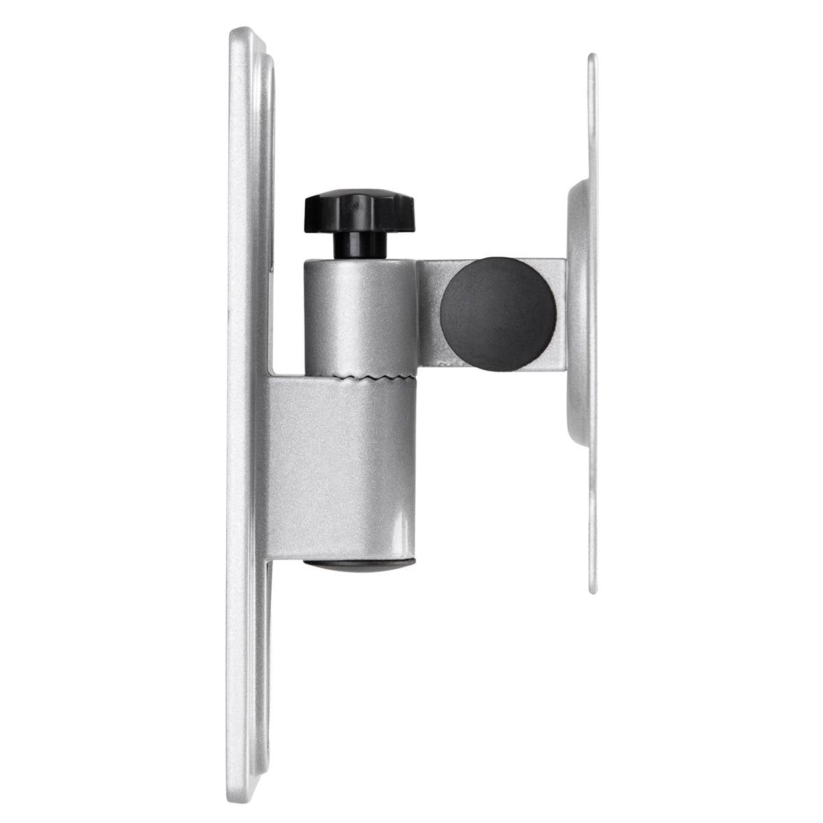 Srebrzysta podstawa z dwoma prostokątnymi płytkami i regulowanym złączem obrotowym, pokazana z boku.