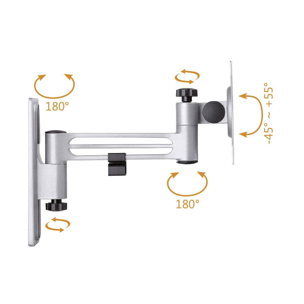 Uchwyt ścienny do telewizora lub monitora. Obracany o 180 stopni, regulowany w zakresie od -45 do +55 stopni. Wysoce elastyczny design.