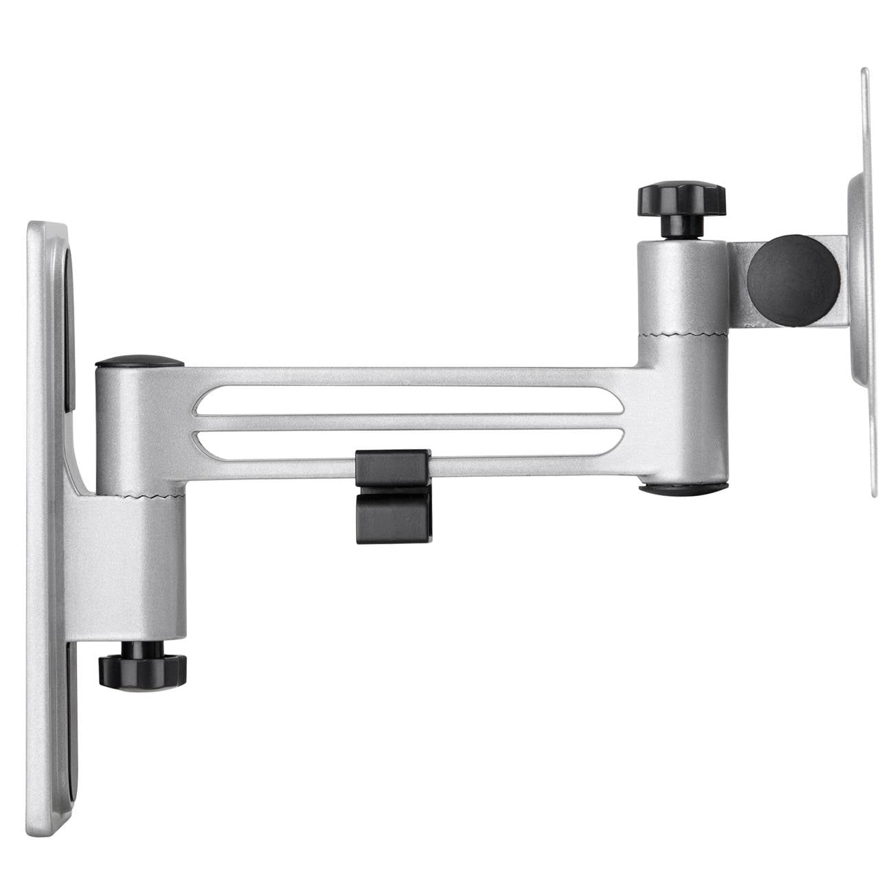 Metalowy uchwyt ścienny z regulowanymi ramionami do monitorów lub telewizorów. Posiada śruby umożliwiające regulację wysokości i kąta nachylenia.