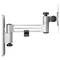 Metalowy uchwyt ścienny z regulowanymi ramionami do monitorów lub telewizorów. Posiada śruby umożliwiające regulację wysokości i kąta nachylenia.