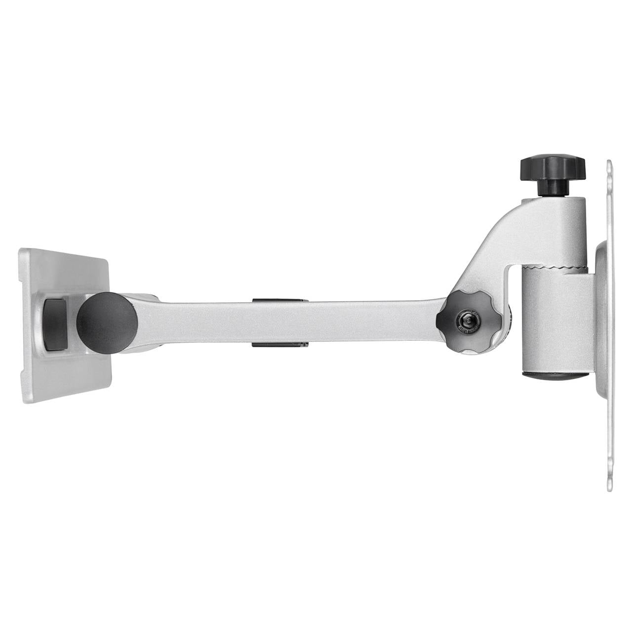 Srebrny, regulowany uchwyt ścienny do monitorów lub telewizorów, wyposażony w wieloprzegubowy mechanizm umożliwiający elastyczne pozycjonowanie.