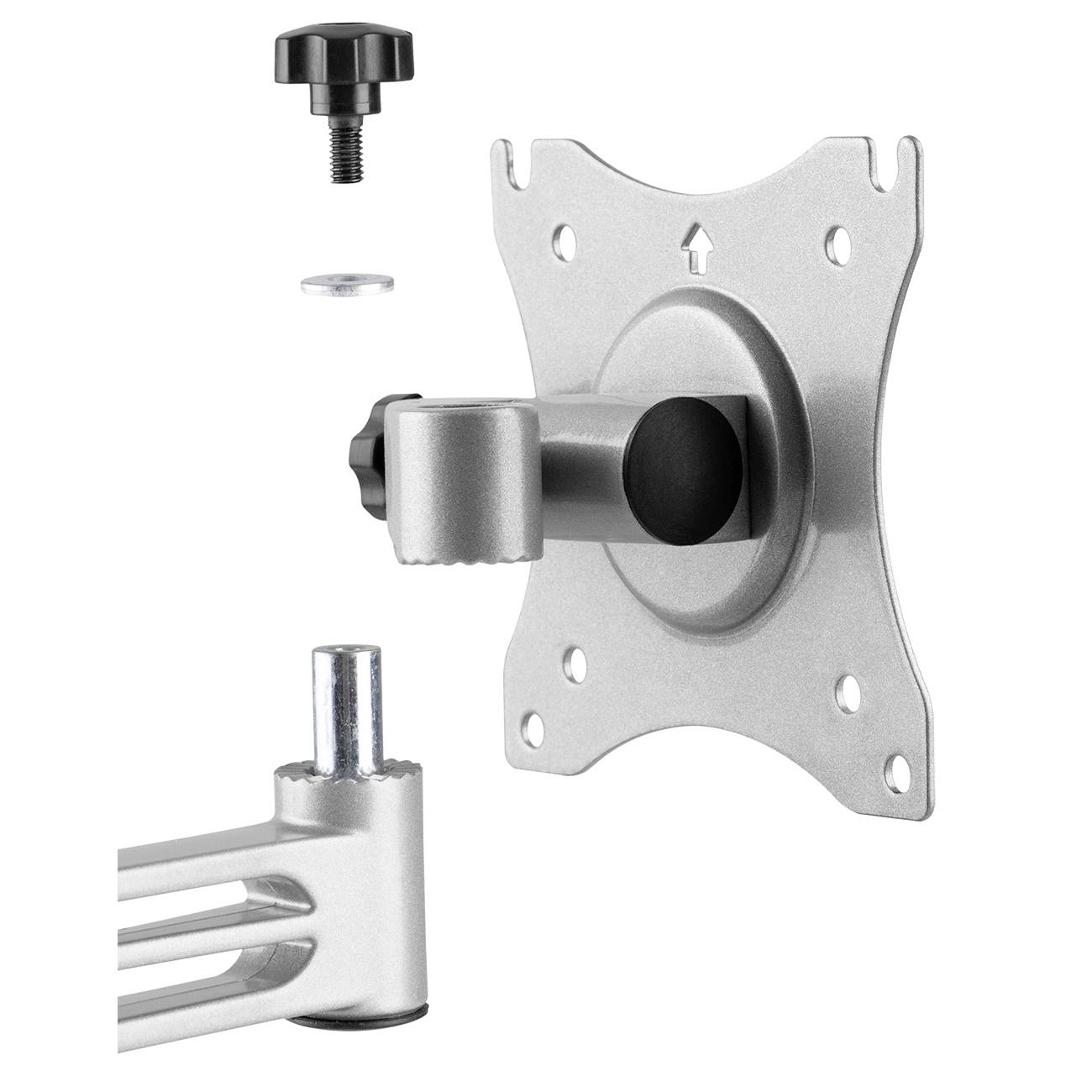 Uchwyt ścienny do monitora: Srebrna płyta mocująca, śruba i przegub. Komponenty przedstawione w widoku rozstrzelonym.