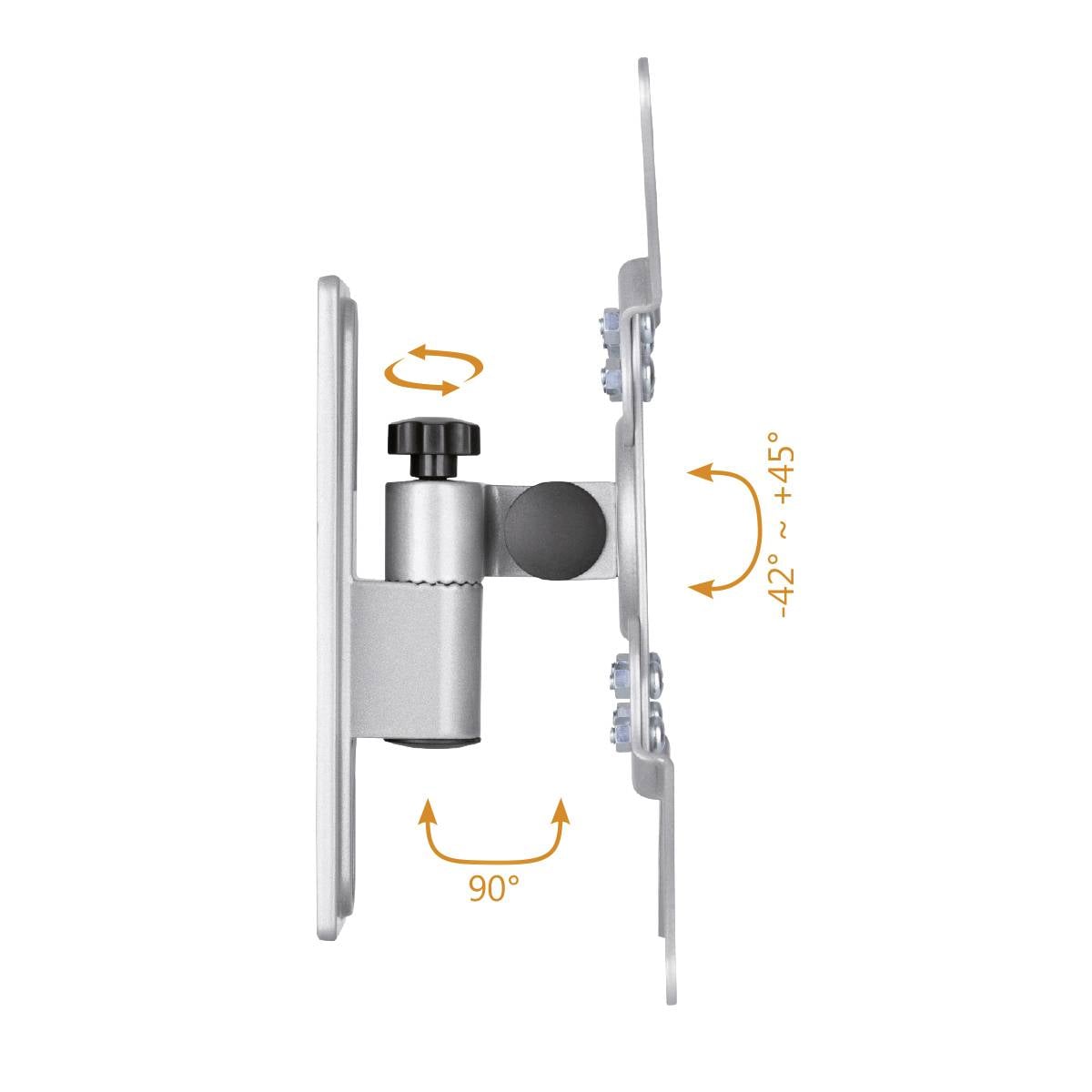 Widok z boku srebrnej podstawy monitora pokazuje kąty obrotu (90°) oraz pochylenia (-42 do +45°) z zaznaczonymi strzałkami i skalami.