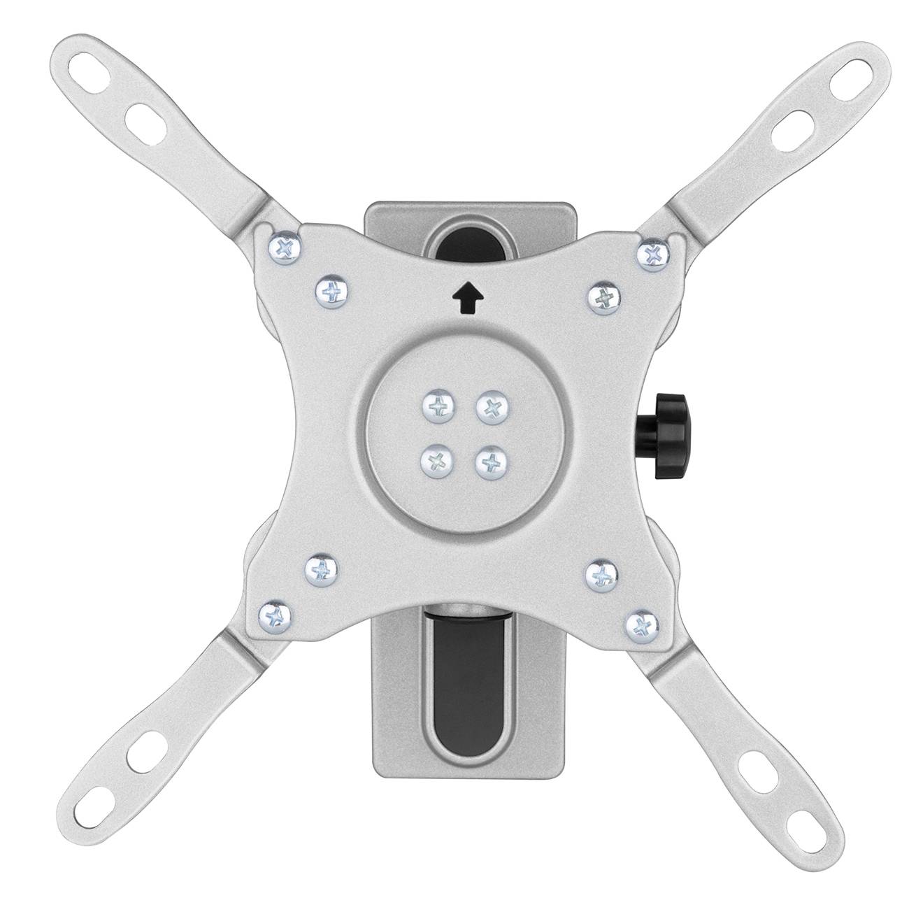 Srebrny uchwyt ścienny do telewizora z regulowanymi ramionami i śrubami mocującymi, odpowiedni do telewizorów płaskich.