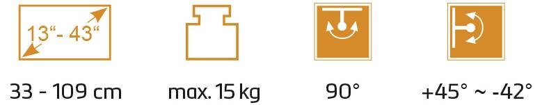 'Elementy mocujące do monitorów: Obsługa rozmiaru ekranu 33–109 cm, maks. 15 kg, pochylenie 90°, obrót +45° ~ -42°.'
