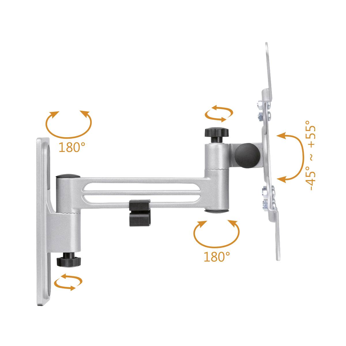 Srebrny uchwyt monitora, umożliwiający obrót o 180 stopni w poziomie oraz pochylenie w pionie od -45 do +55 stopni.
