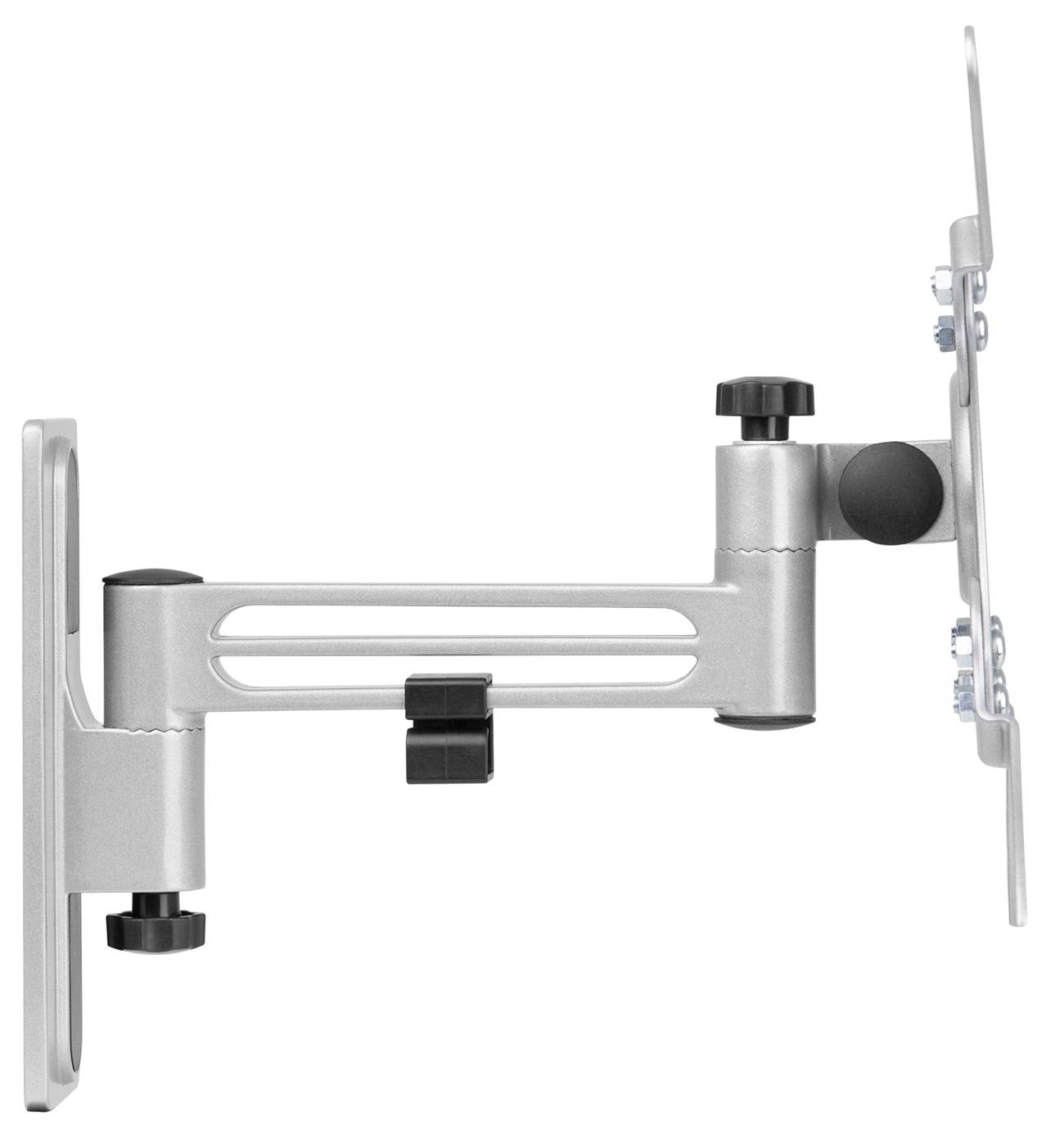 Regulowany metalowy uchwyt ścienny do telewizora, pokazany z boku z lewej strony. Posiada dwa zawiasy i pozwala na regulację wysokości.